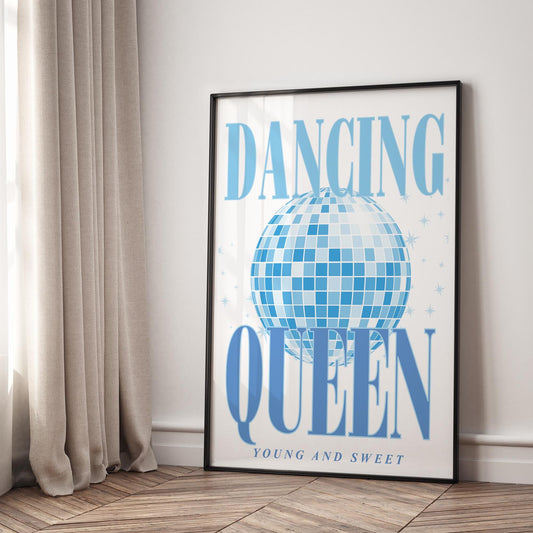 Dancing Queen - Blue Disco Ball Print: 70s Retro Music Inspired Wall Art, Lyric Poster for Girls, Teens & Pop Culture Fans