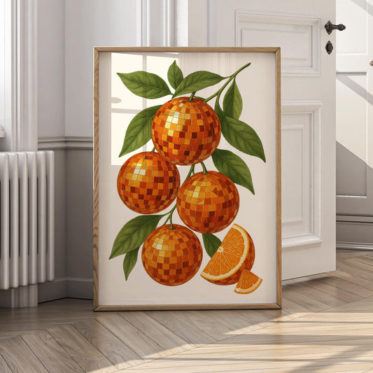 Disco Orange Wall Art Print  Funky Retro Fruit Poster with Mirrorball Oranges  70s Aesthetic, Gallery Wall Art, Kitchen or Home Decor Gift