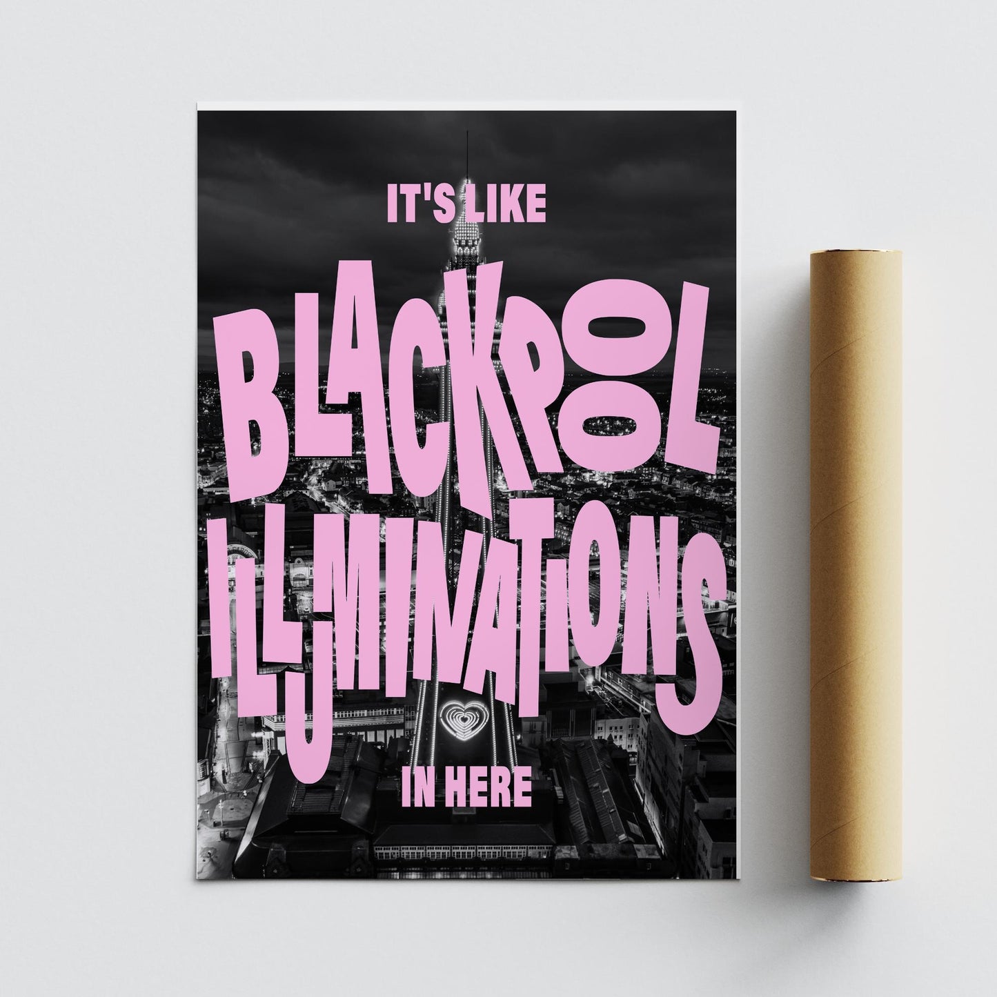 Blackpool Illuminations In Here  Skyline Typography Wall Art  Funny Northern Quote Poster  Bold Black & Pink  British Humour Home Decor