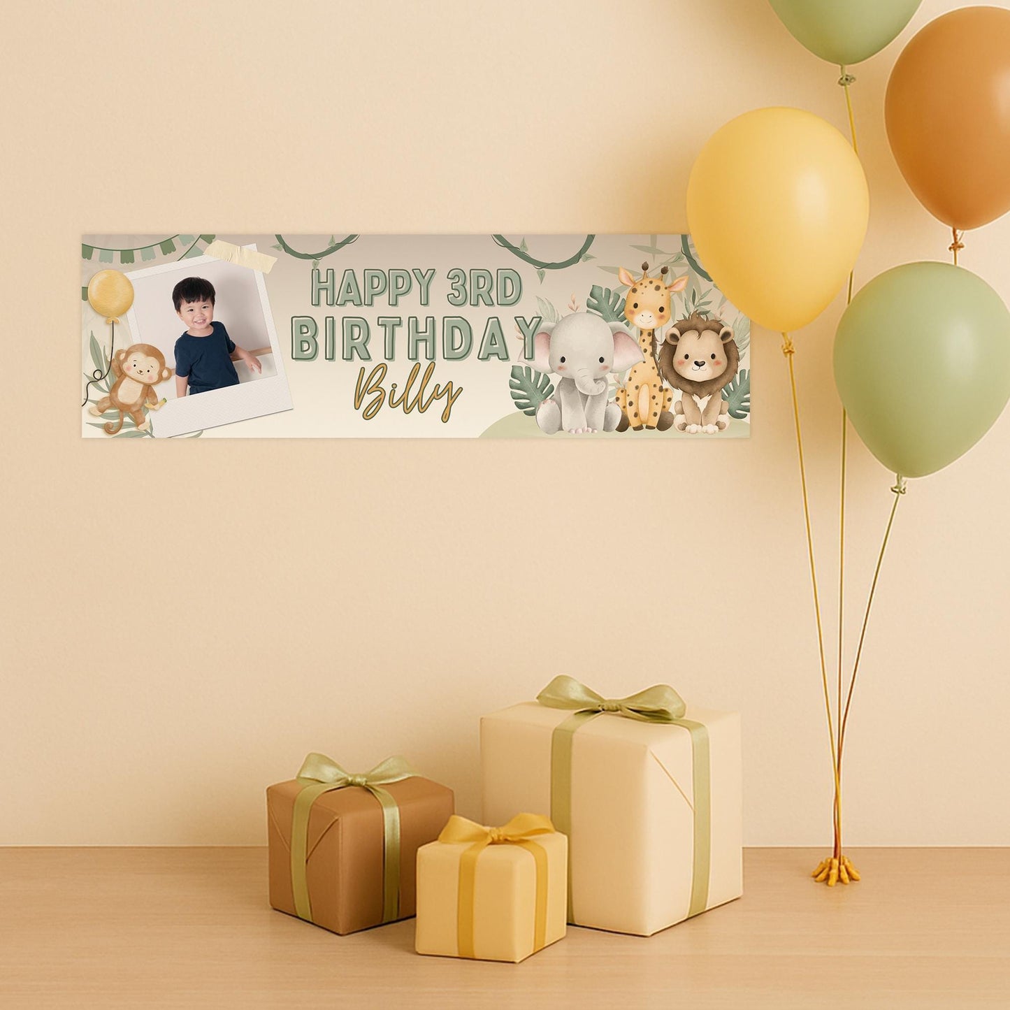 Personalised safari birthday banner  jungle animal theme with custom name & photo | neutral safari party decoration | animal decor for kids