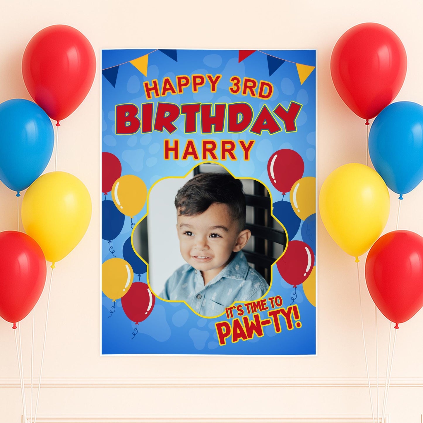 Personalised Paw-ty Birthday Banner: Custom Photo Poster with Name & Age  Cartoon-Inspired Decoration  Pet Patrol Party Decor for Kids