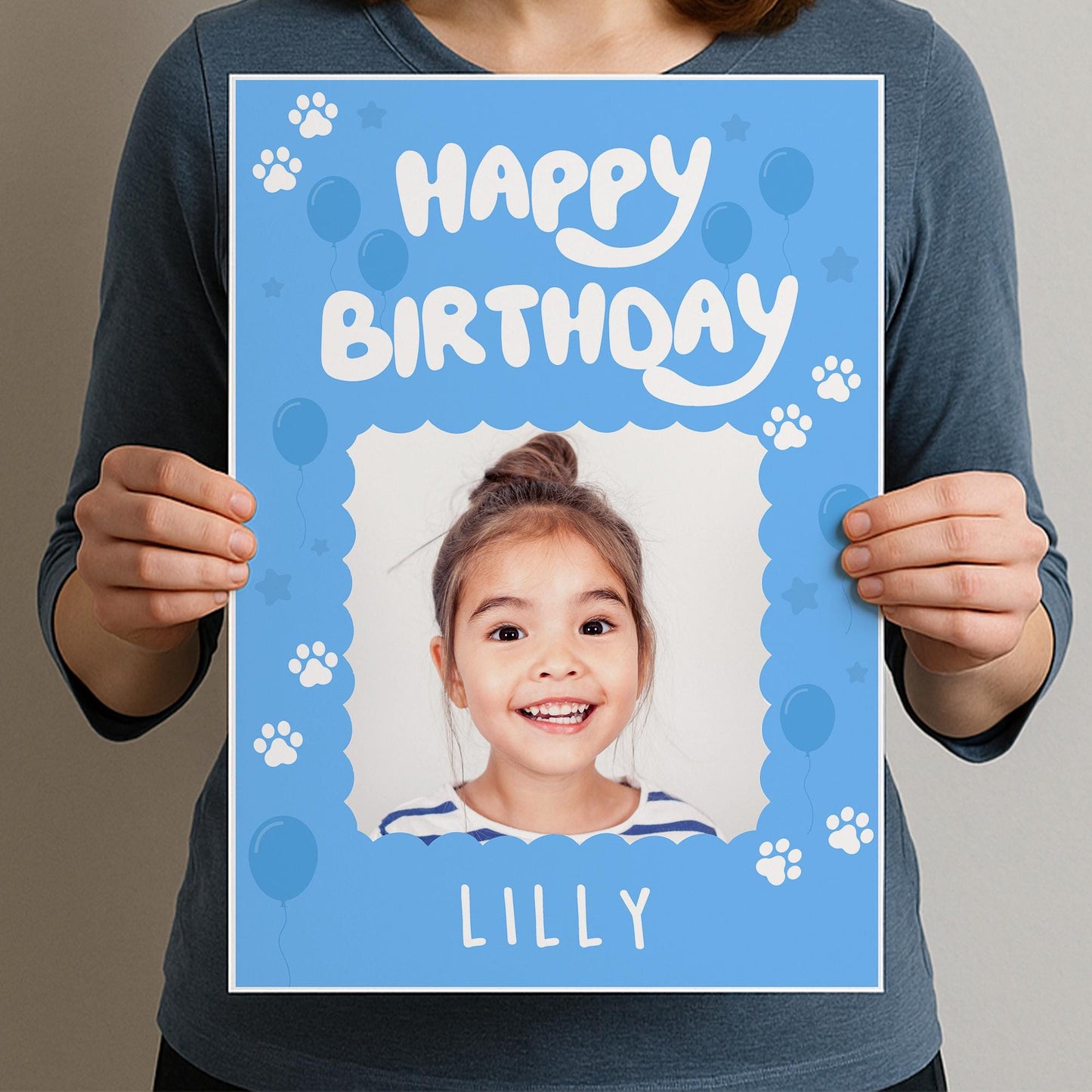 Personalised Blue Dog-Themed Birthday Banner: Custom Photo Poster with Name  TV Show-Inspired Banner  Birthday Party decor for Young Kids
