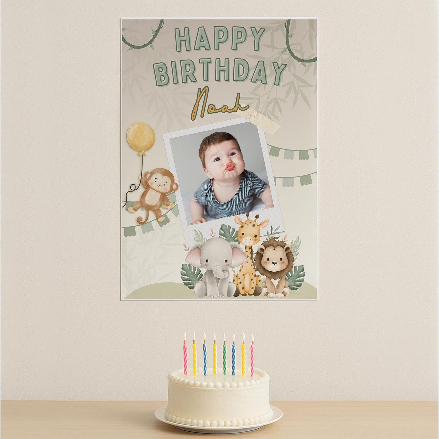 Personalised Safari Jungle Birthday Banner  Custom Photo Poster with Name  Cute Animal Theme  A3 or A2 Gloss Print