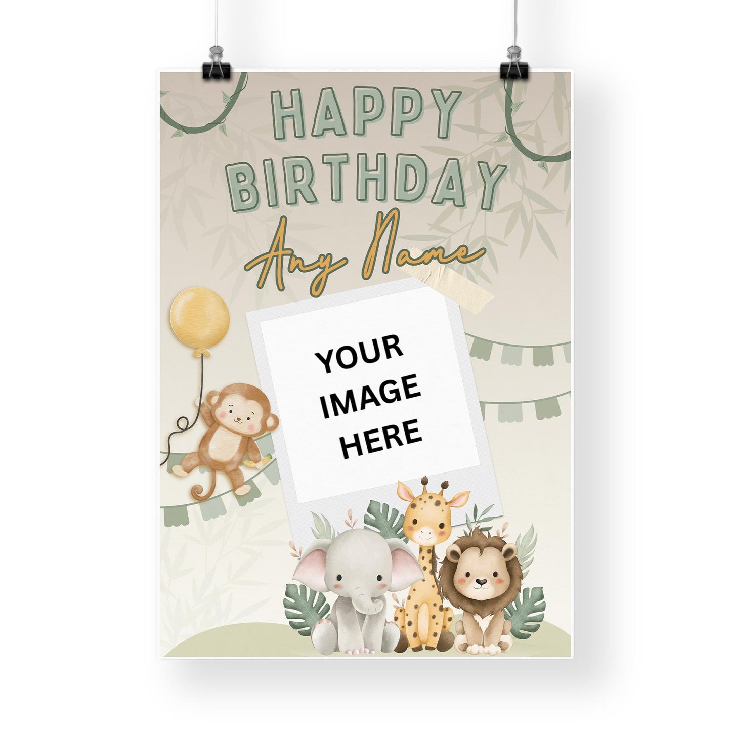 Personalised Safari Jungle Birthday Banner  Custom Photo Poster with Name  Cute Animal Theme  A3 or A2 Gloss Print