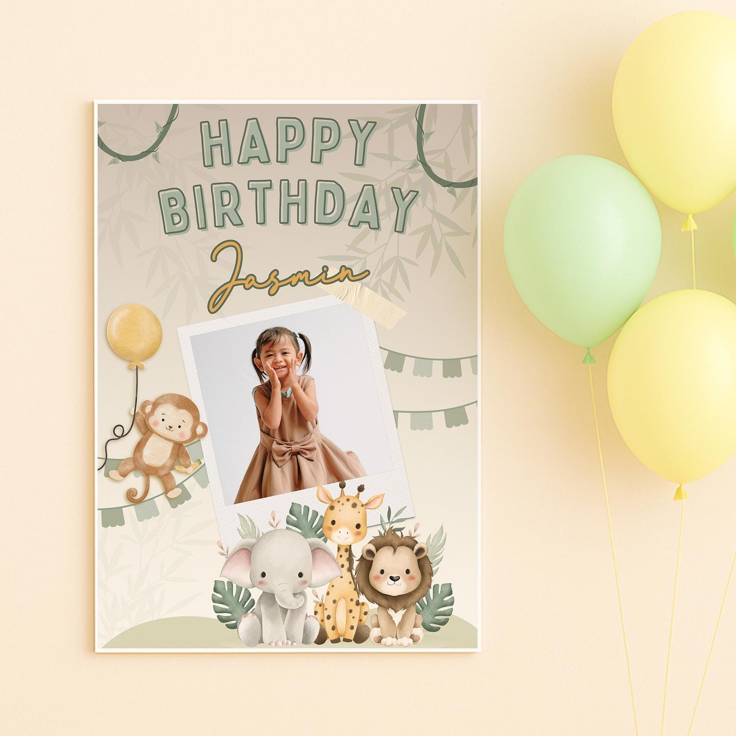 Personalised Safari Jungle Birthday Banner  Custom Photo Poster with Name  Cute Animal Theme  A3 or A2 Gloss Print