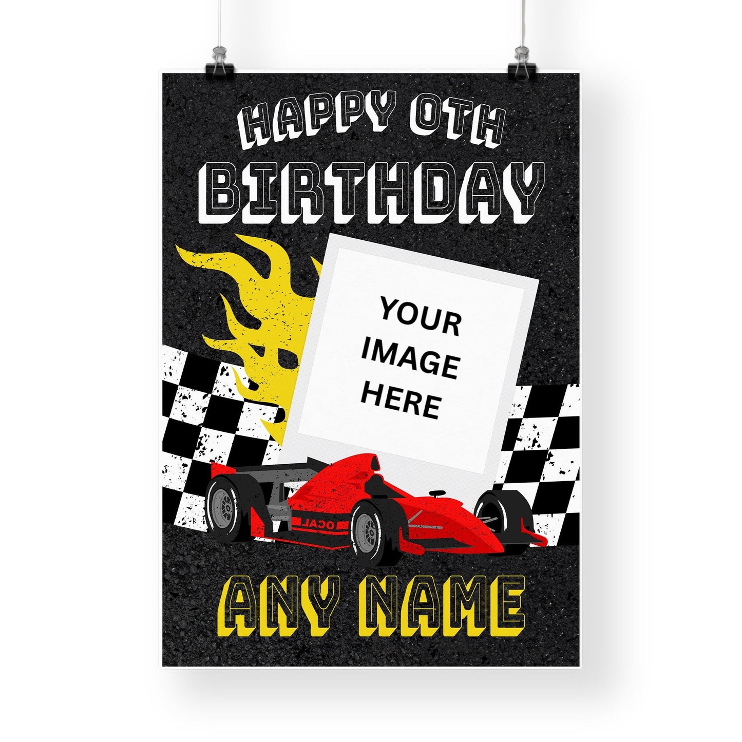 Personalised Race Car Birthday Banner  Custom Photo Poster with Name  Checkered Flag & Flames  F1 Theme  A3 or A2 Gloss Print