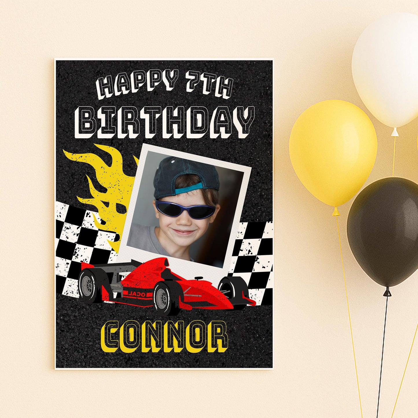 Personalised Race Car Birthday Banner  Custom Photo Poster with Name  Checkered Flag & Flames  F1 Theme  A3 or A2 Gloss Print