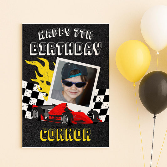 Personalised Race Car Birthday Banner  Custom Photo Poster with Name  Checkered Flag & Flames  F1 Theme  A3 or A2 Gloss Print