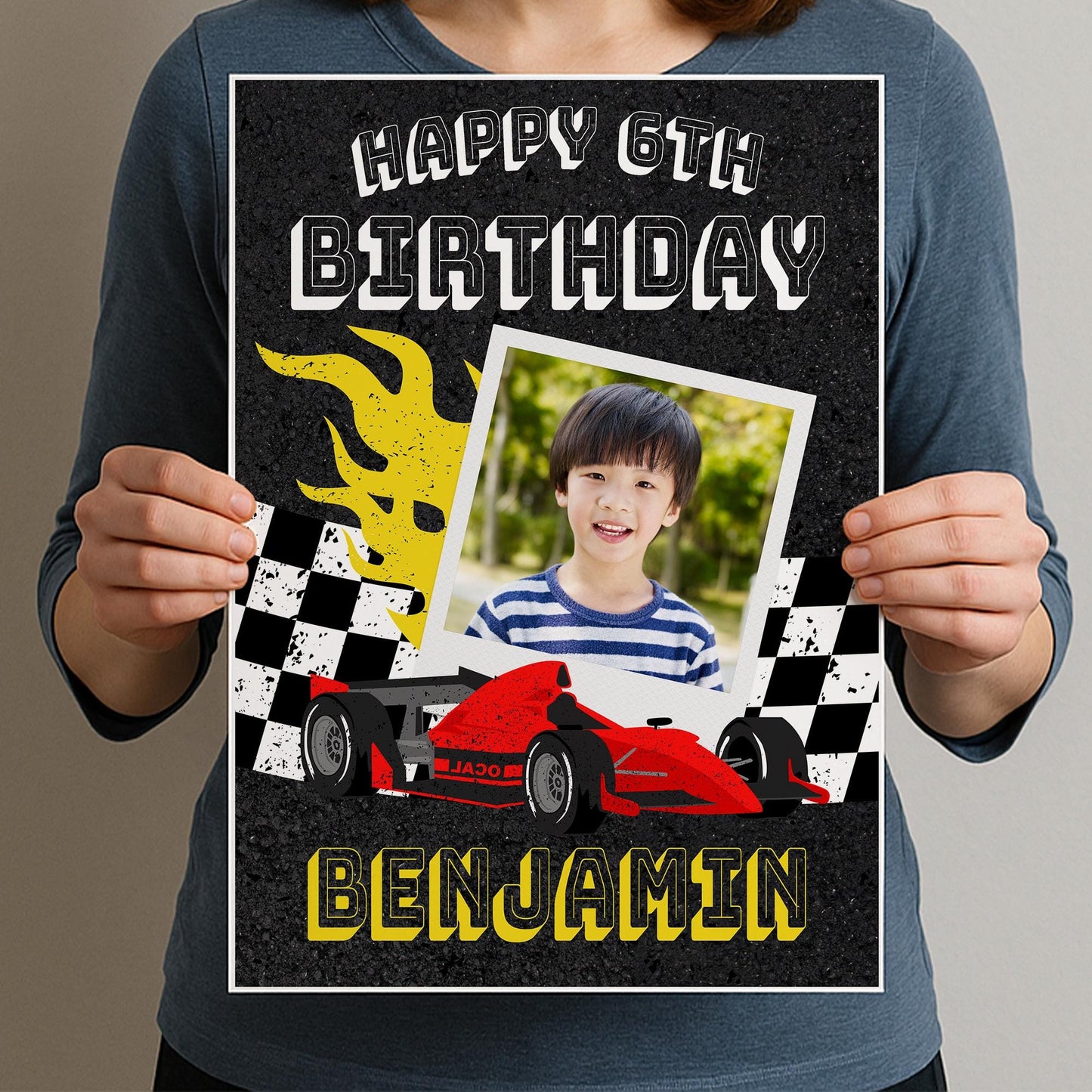 Personalised Race Car Birthday Banner  Custom Photo Poster with Name  Checkered Flag & Flames  F1 Theme  A3 or A2 Gloss Print