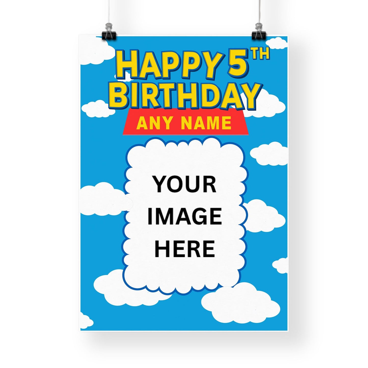 Personalised Toy Land-Inspired Birthday Banner  Custom Photo Poster with Name  Cloud & Sky Cartoon Theme  A3 or A2 Gloss Paper