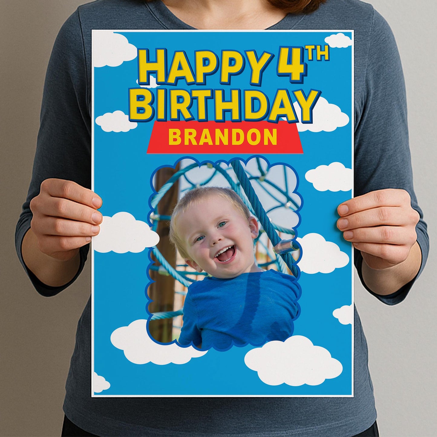 Personalised Toy Land-Inspired Birthday Banner  Custom Photo Poster with Name  Cloud & Sky Cartoon Theme  A3 or A2 Gloss Paper