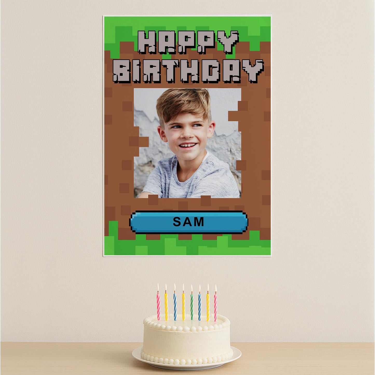 Personalised Block Game-Inspired Birthday Banner  Custom Photo Poster with Name  Pixel Style Design  Gamer Party Decor  A3 or A2