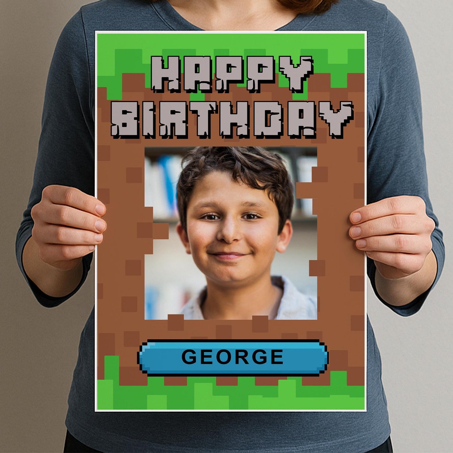 Personalised Block Game-Inspired Birthday Banner  Custom Photo Poster with Name  Pixel Style Design  Gamer Party Decor  A3 or A2
