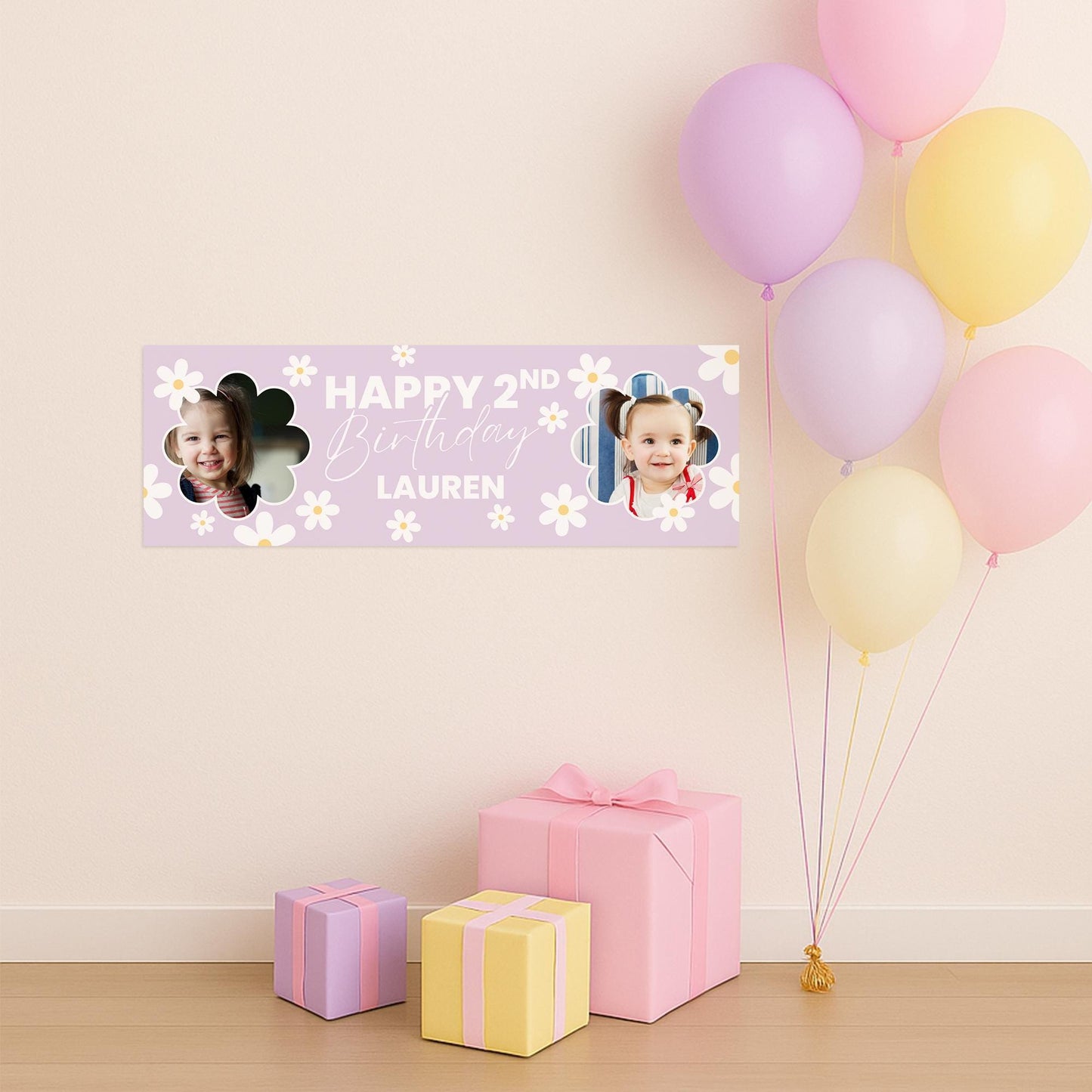 Personalised birthday banner  custom name & photo | daisy design | pastel floral party banner, birthday banner for girls, kids party decor