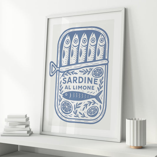 Sardine Tin - Classic Print: Sardine al Limone Poster  Blue Vintage Illustration Kitchen Wall Art  Retro Mediterranean Aesthetic