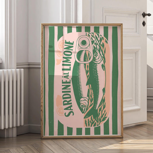 Sardine Tin - Green & Pink Print: Sardine al Limone Poster  Retro Sardine Tin Wall Art  Mediterranean Kitchen Decor  Vintage Aesthetic
