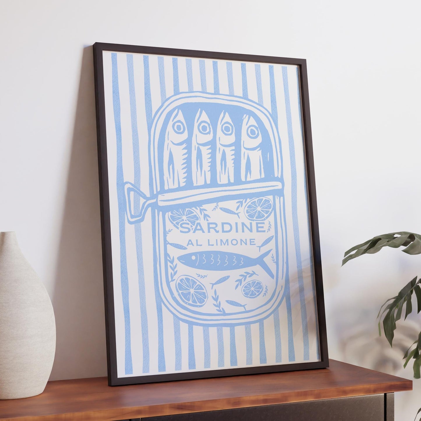 Sardine Tin - Stripes Print  Soft Blue Striped Sardine Tin Art  Coastal Aesthetic Kitchen Decor  Mediterranean Illustration Poster