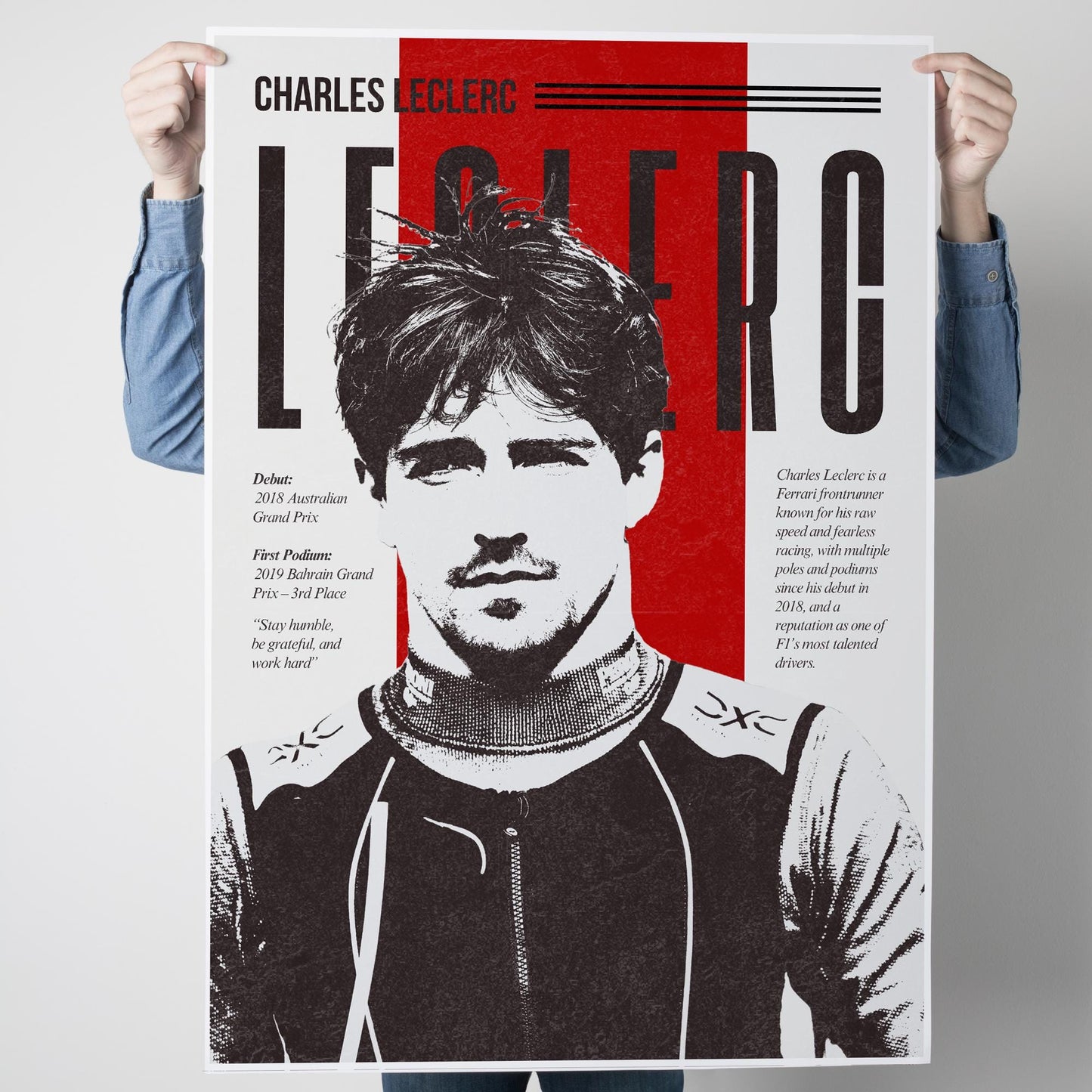 F1 Driver Print - Charles Leclerc | Motorsport Poster with Career Highlights | Formula 1 Wall Art for Fans | F1 Gift | Racing Quote Artwork