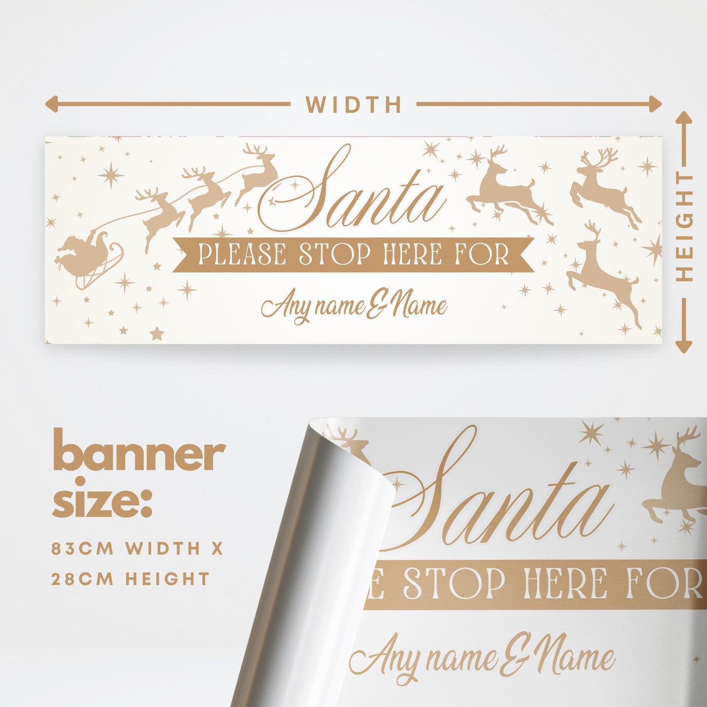 Personalised Santa Stop Here Banner  Gold Reindeer Design  Custom Christmas Decoration for Kids  Up to 3 Names  Unique Xmas Gift