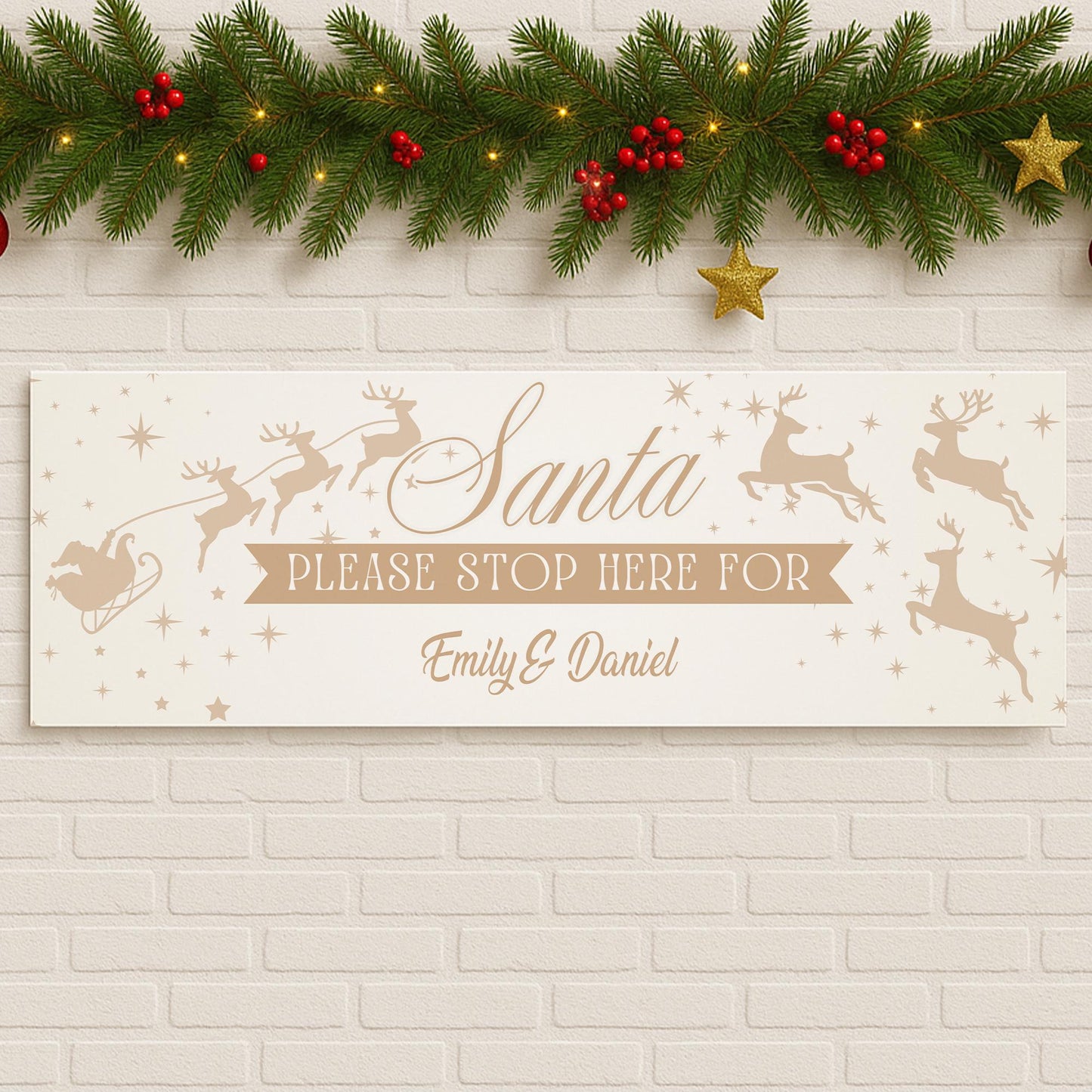 Personalised Santa Stop Here Banner  Gold Reindeer Design  Custom Christmas Decoration for Kids  Up to 3 Names  Unique Xmas Gift