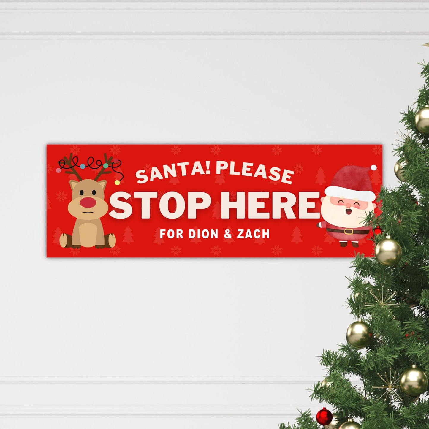 Personalised Santa Stop Here Banner  Reindeer & Santa Design  Custom Christmas Decoration for Young Kids  Up to 3 Names  Cute Xmas Gift