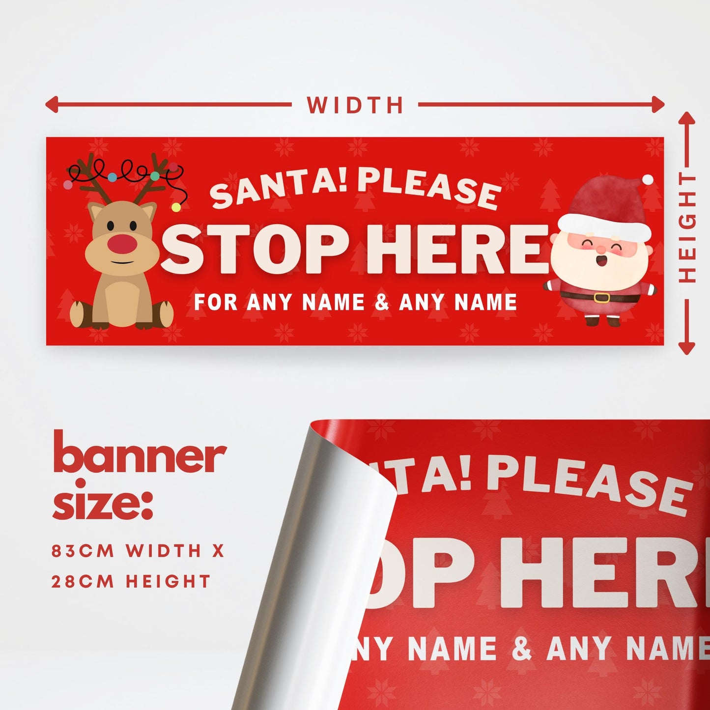 Personalised Santa Stop Here Banner  Reindeer & Santa Design  Custom Christmas Decoration for Young Kids  Up to 3 Names  Cute Xmas Gift