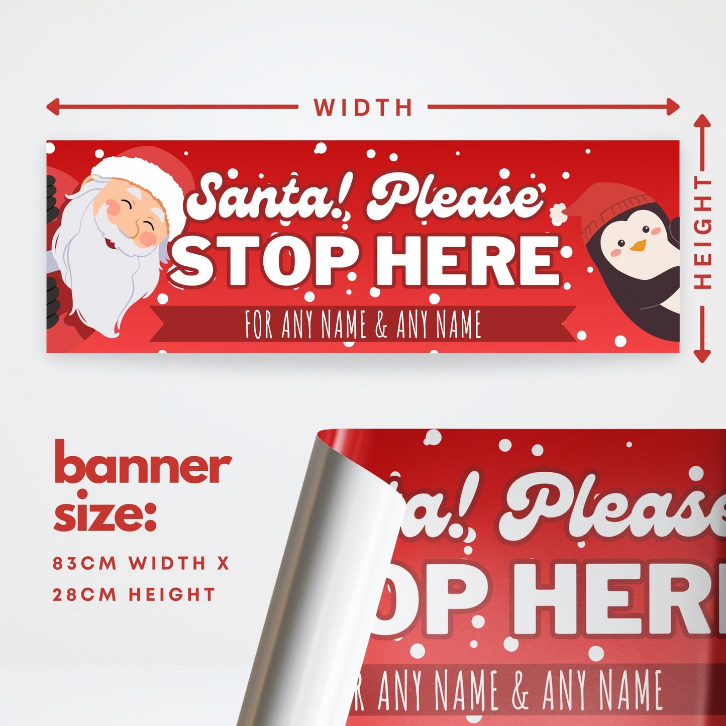 Santa Stop Here Personalised Banner  Santa & Penguin Design   Custom Christmas Decoration for Young Kids  Up to 3 Names  Cute Xmas Gift