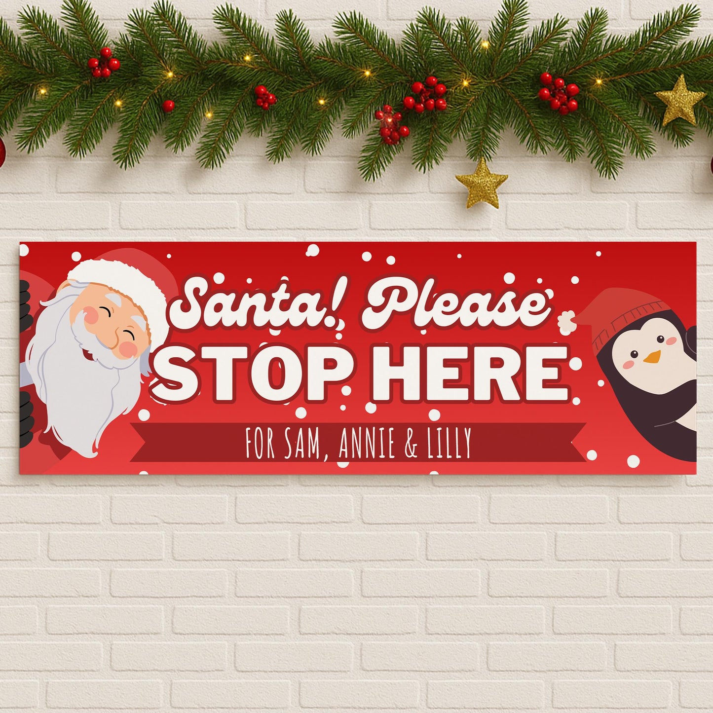 Santa Stop Here Personalised Banner  Santa & Penguin Design   Custom Christmas Decoration for Young Kids  Up to 3 Names  Cute Xmas Gift