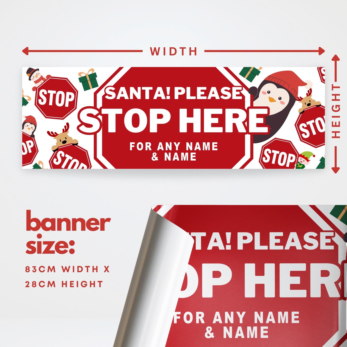 Personalised Santa Stop Here Banner  Stop Sign Design  Custom Christmas Decoration for Young Kids  Up to 3 Names  Cute Xmas Print Gift