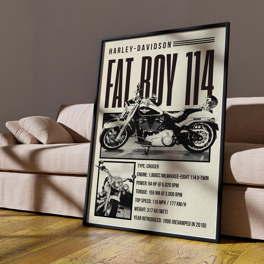 Motorcycle Specs Poster - Fat Boy 114 Cruiser: Vintage Bike Specs Wall Art | Retro Motorbike Print | Home, Garage, Office or Man Cave Decor