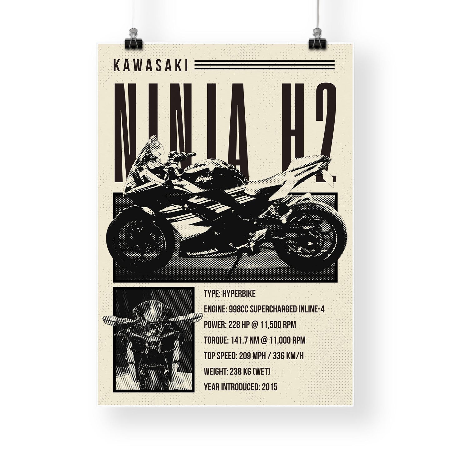 Motorcycle Specs Poster - Ninja H2 Supercharged Hyperbike Gloss Print  Fast Bike Wall Art | Home, Garage, Office or Man Cave Decor