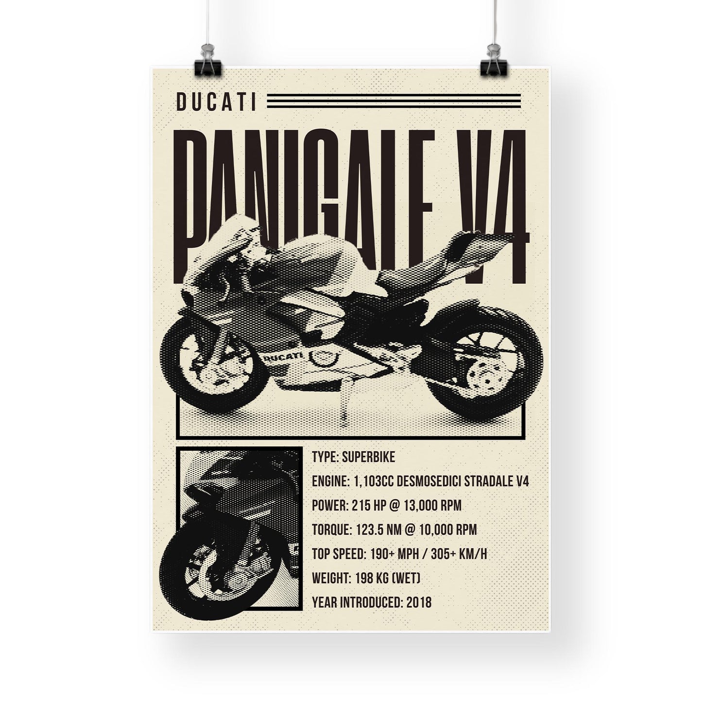 Motorcycle Specs Poster - Panigale V4: Superbike Stat Wall Art | Modern Racing Bike Decor for Home, Garage, Office or Man Cave | Biker Gift