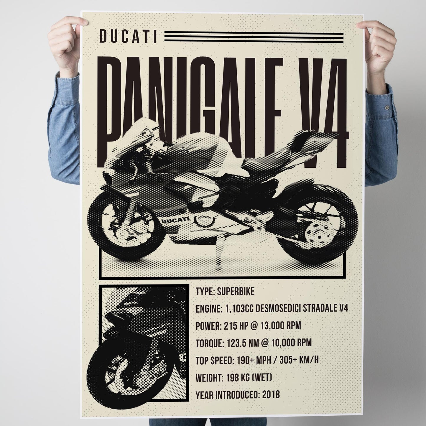 Motorcycle Specs Poster - Panigale V4: Superbike Stat Wall Art | Modern Racing Bike Decor for Home, Garage, Office or Man Cave | Biker Gift