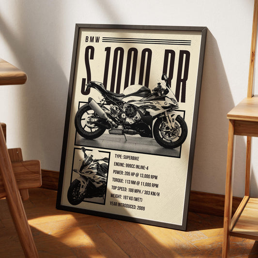 Motorcycle Specs Poster - S 1000 RR Print: Superbike Specification Wall Art  Performance Racing Motorbike Decor for Garage or Living Space