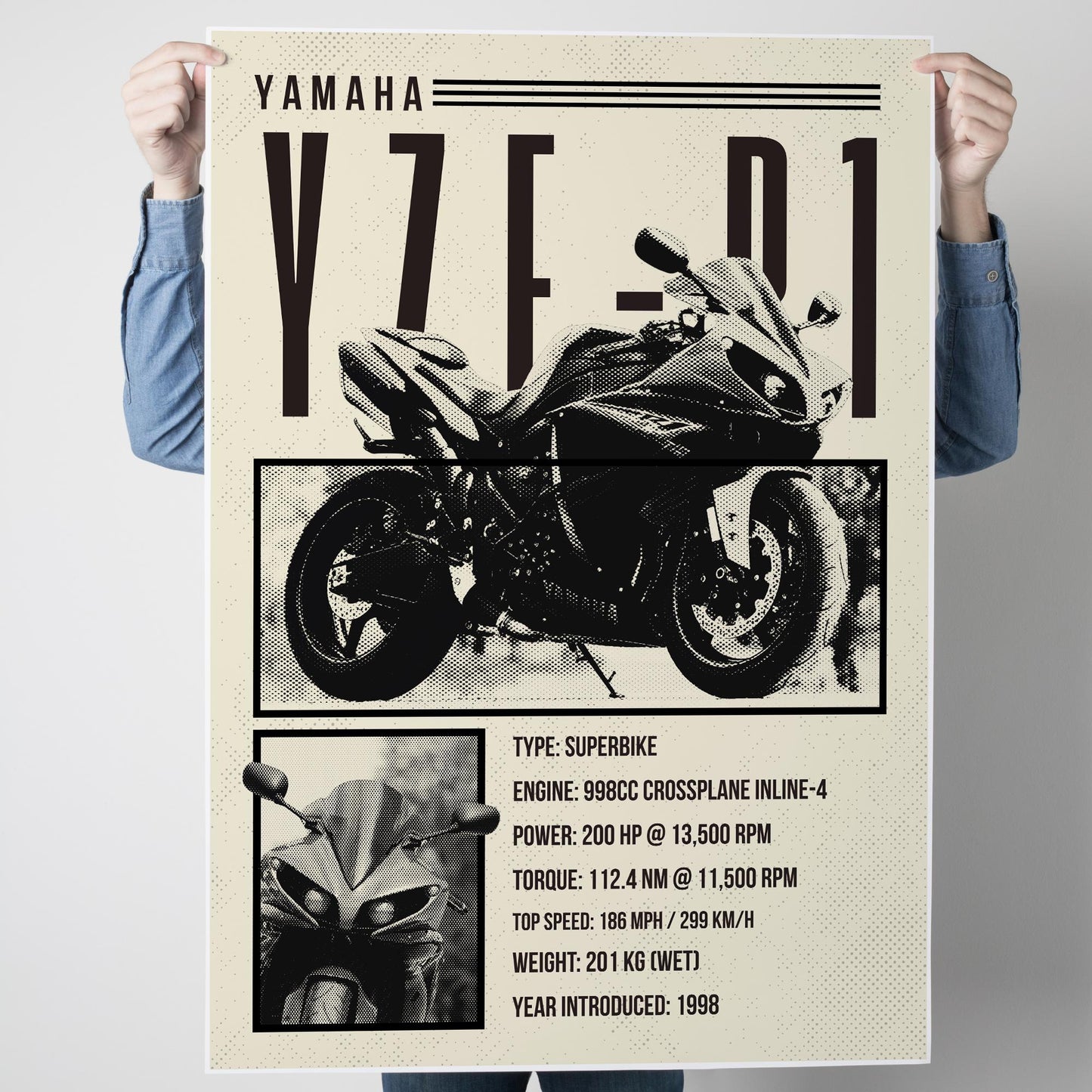 Motorcycle Specs Poster - YZF-R1: Superbike Wall Art Poster  Iconic Motorbike Spec Print  Decor for Man Cave or Bedroom or Garage