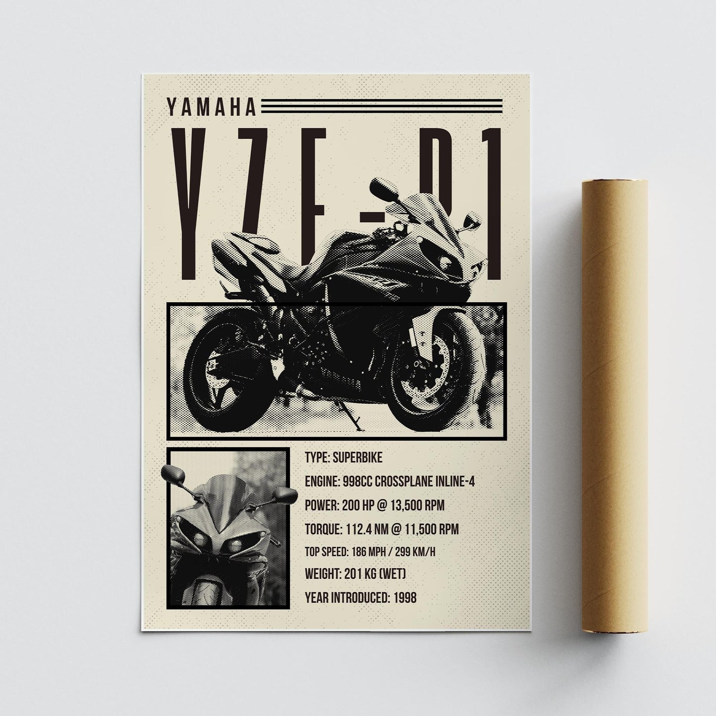 Motorcycle Specs Poster - YZF-R1: Superbike Wall Art Poster  Iconic Motorbike Spec Print  Decor for Man Cave or Bedroom or Garage