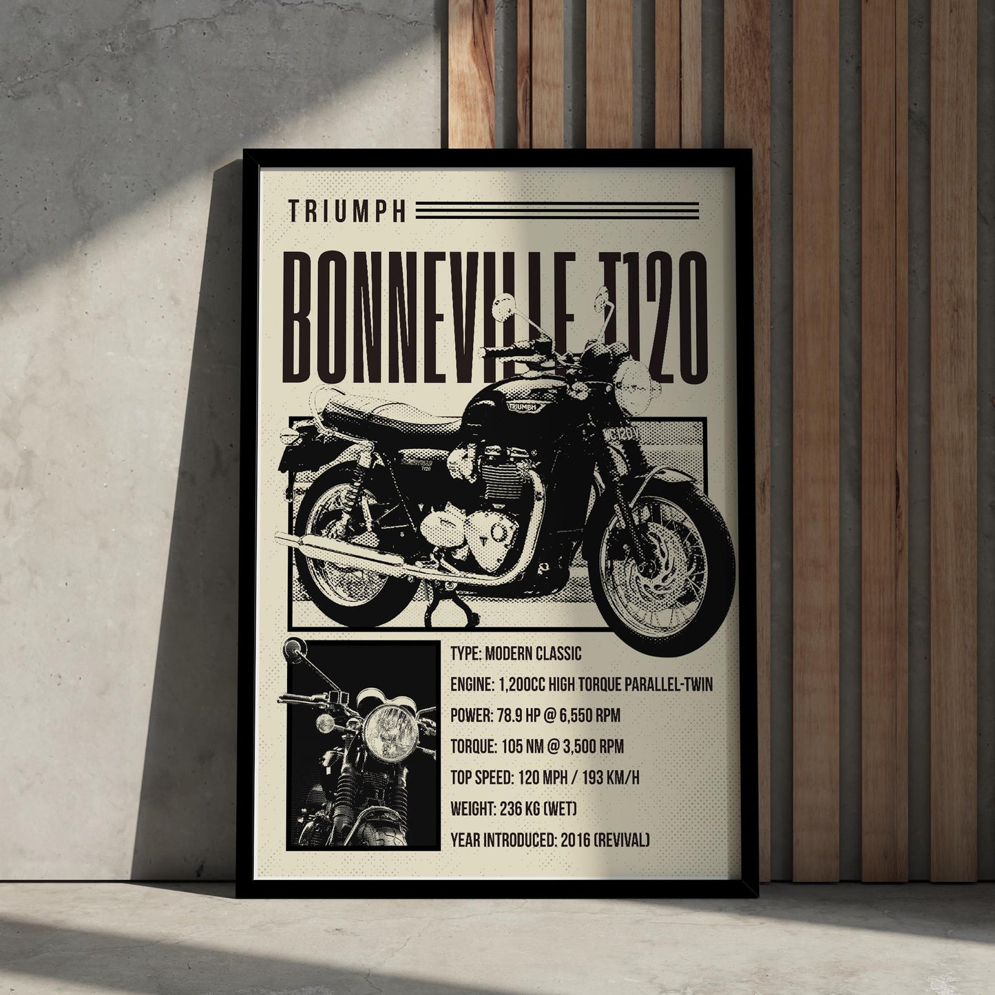 Motorcycle Specs Poster - Bonneville T120: Classic Motorcycle Print | Retro Bike Specs Wall Art |Motorbike Decor for Home, Office or Garage