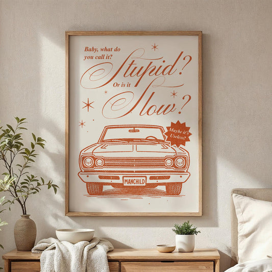 Manchild - Classic Car Poster: Pop Lyric-Inspired Print | Music Wall Art | Aesthetic Song Quote Print | Gift for Her | Girly Home Decor