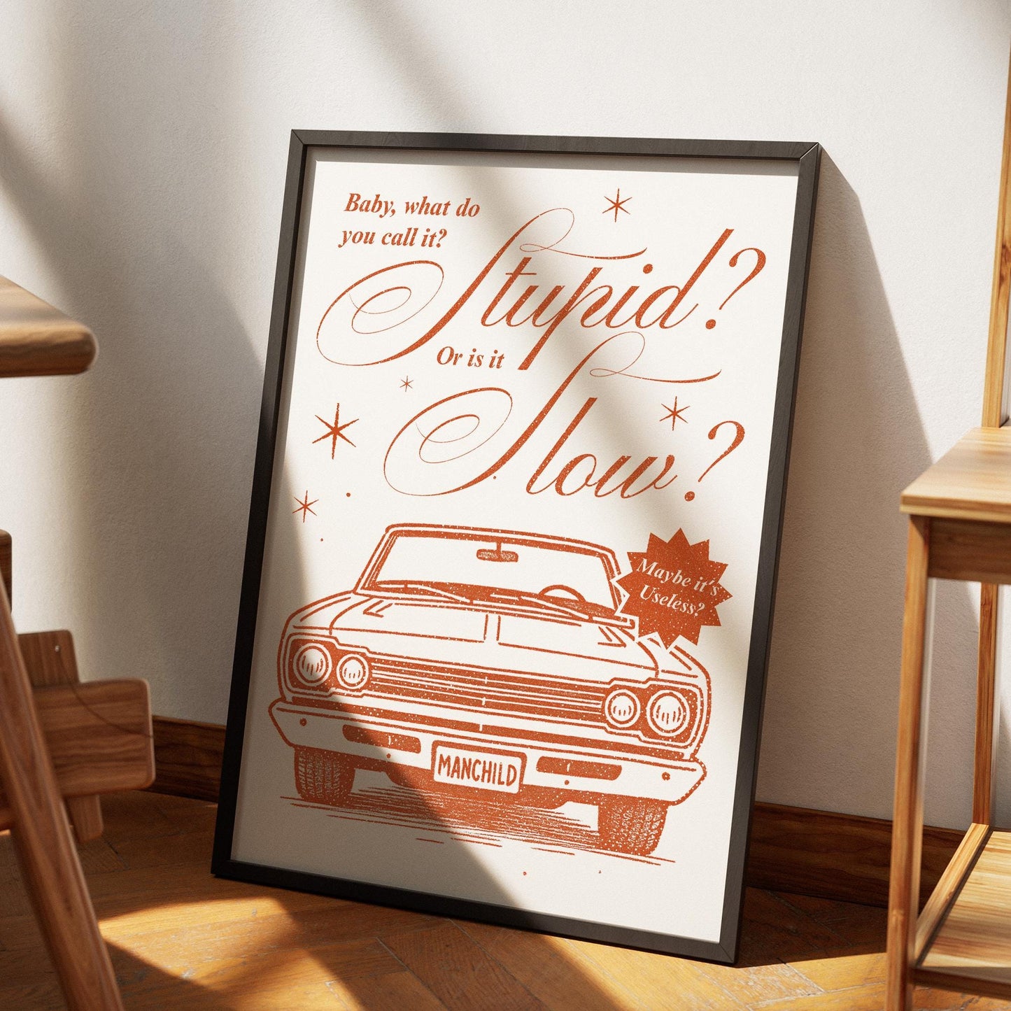 Manchild - Classic Car Poster: Pop Lyric-Inspired Print | Music Wall Art | Aesthetic Song Quote Print | Gift for Her | Girly Home Decor