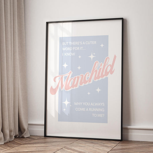 Manchild - Dreamy Retro Poster: Pop Lyric-Inspired Print | Music Wall Art | Aesthetic Song Quote Print | Gift for Her | Girly Home Decor
