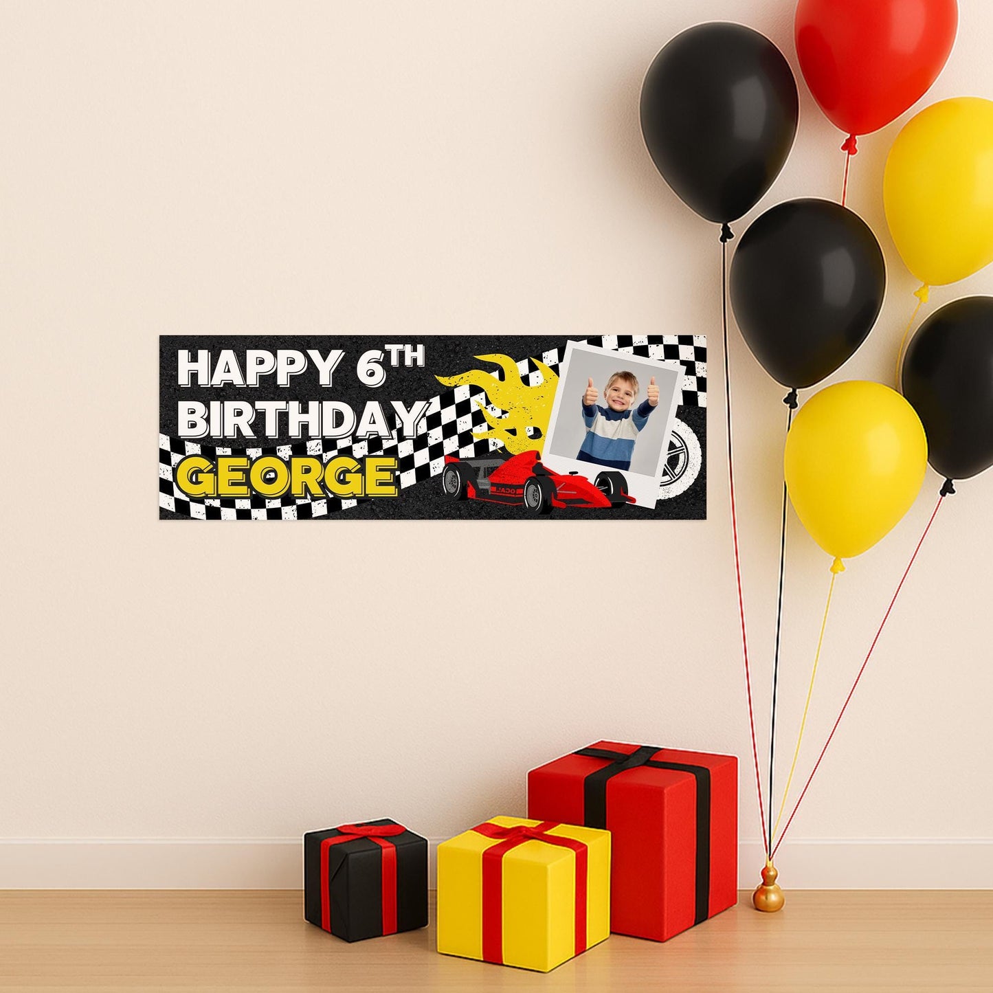Personalised racing car birthday banner  custom name & photo | red race car theme | birthday banner for boys, f1 party decor for kids