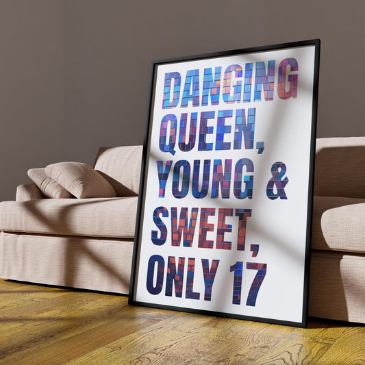 Dancing Queen - Disco Ball Text: Lyric-Inspired Typography Poster  Colourful 70s Disco Pop Print  Retro Wall Art Gift for Music Lovers