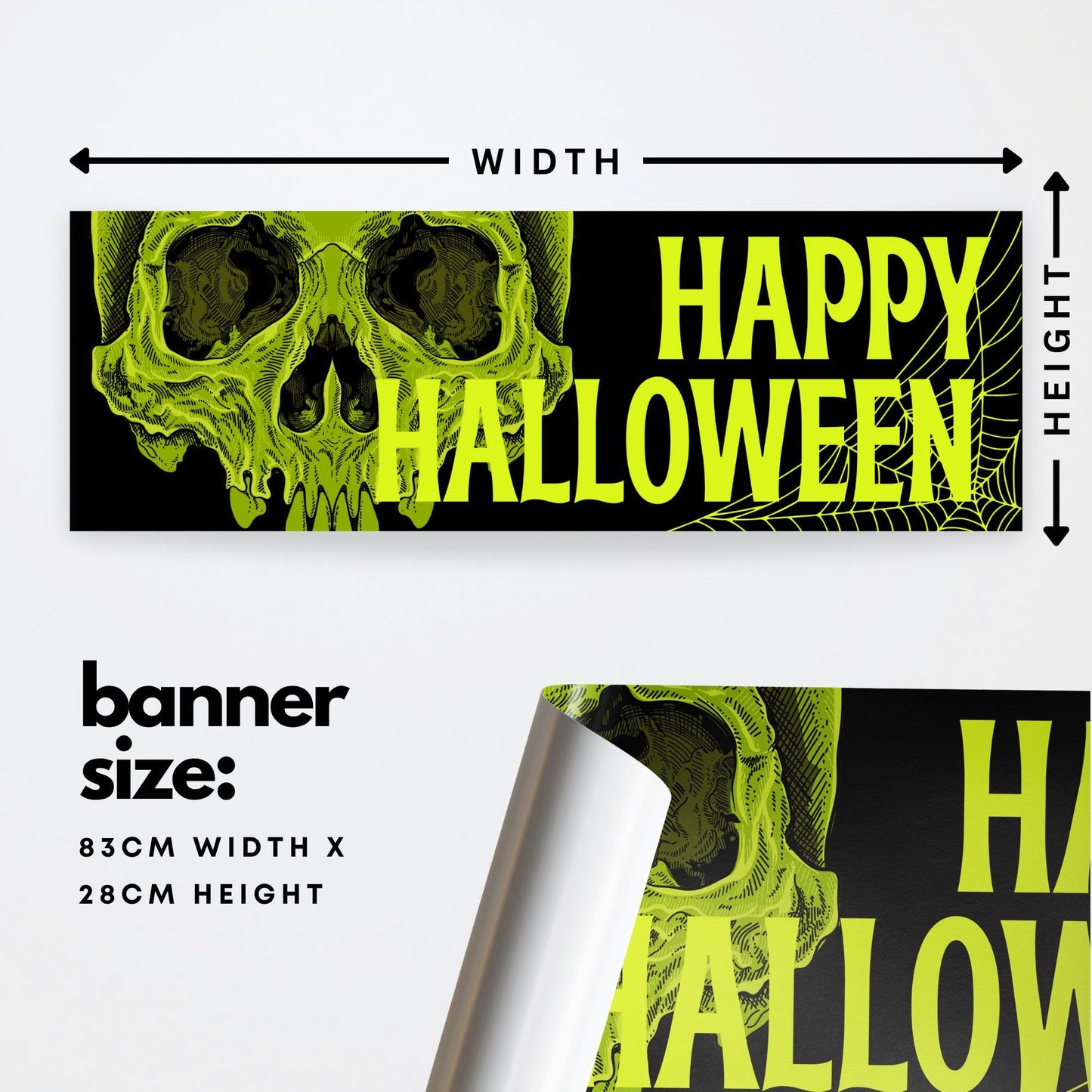 Happy Halloween Banner  Green Skull: Halloween Decor, Haunted House Party Decoration, Spooky Photo Backdrop, Horror Themed Sign