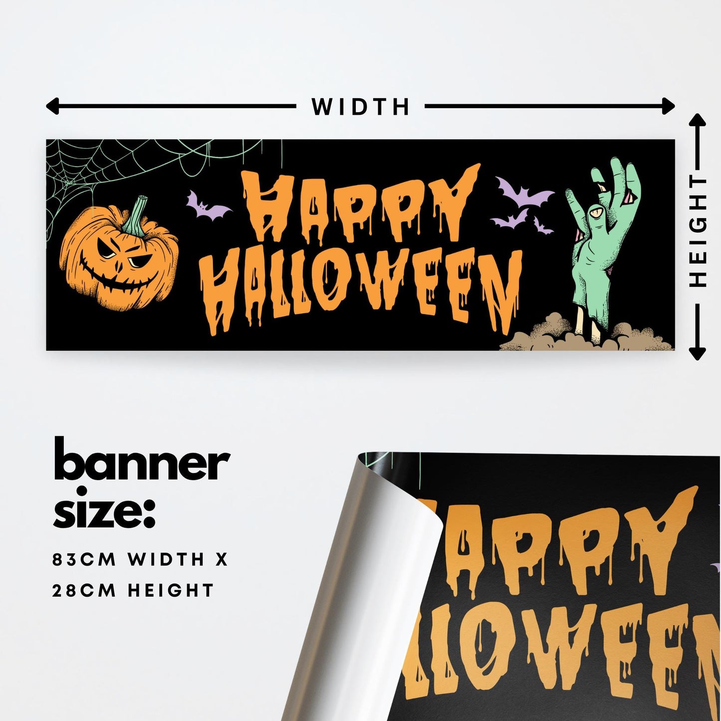 Happy Halloween Banner  Pumpkin & Zombie: Cartoon Halloween Decor, Haunted House Party Decoration, Retro Vibes Spooky Photo Backdrop