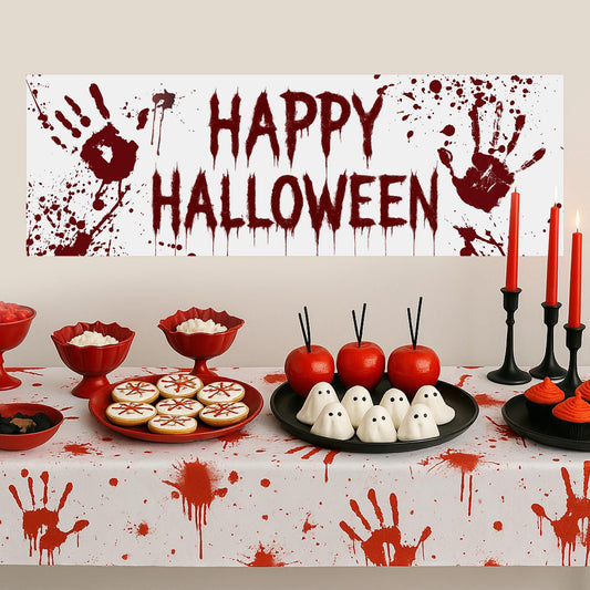 Happy Halloween Banner  Bloody: Halloween Decor, Haunted House Party Decoration, Spooky Photo Backdrop - Horror Themed Blood Splatter Sign