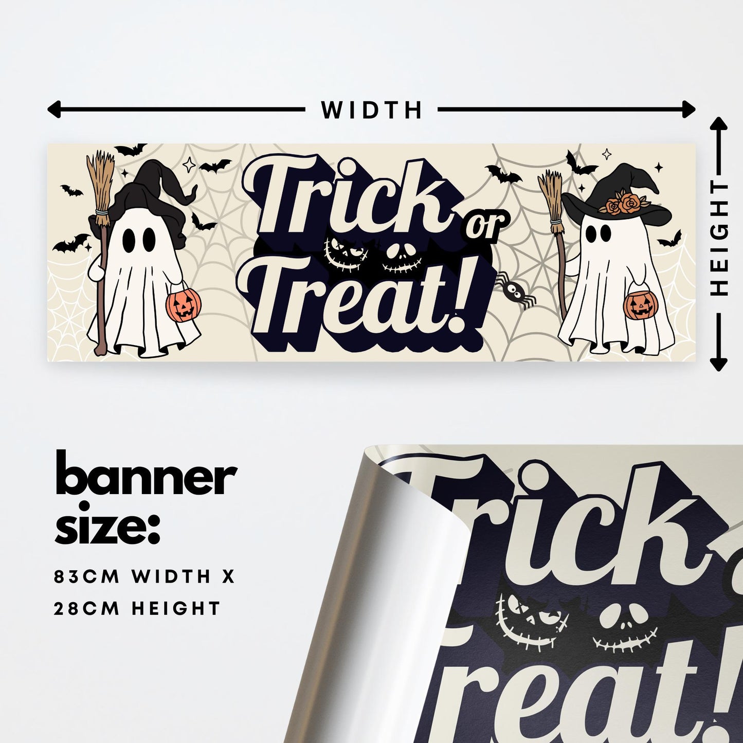 Halloween Trick or Treat Banner  Cute Ghost Witch Design  Halloween Party Decoration   Photo Backdrop  Seasonal Decor