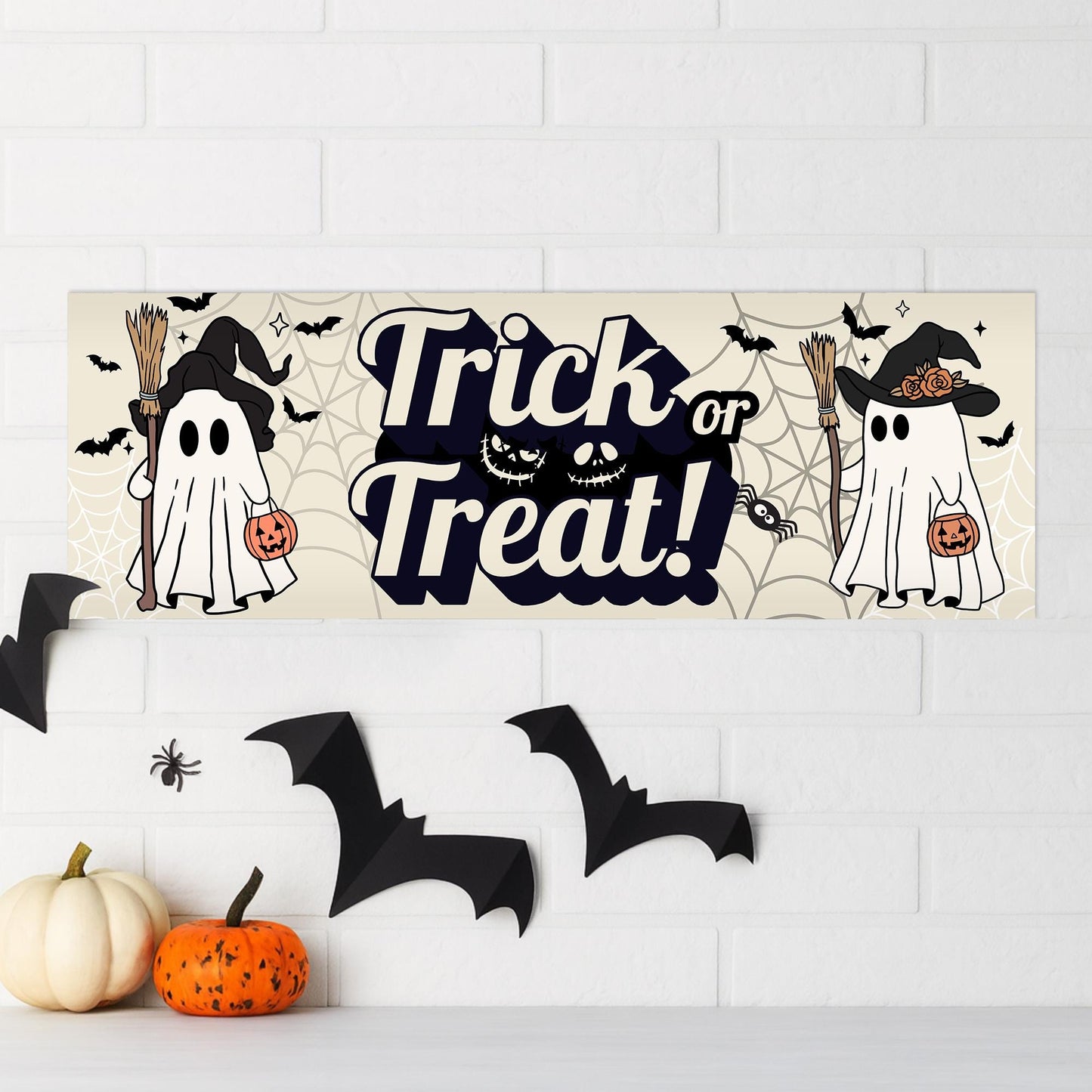 Halloween Trick or Treat Banner  Cute Ghost Witch Design  Halloween Party Decoration   Photo Backdrop  Seasonal Decor