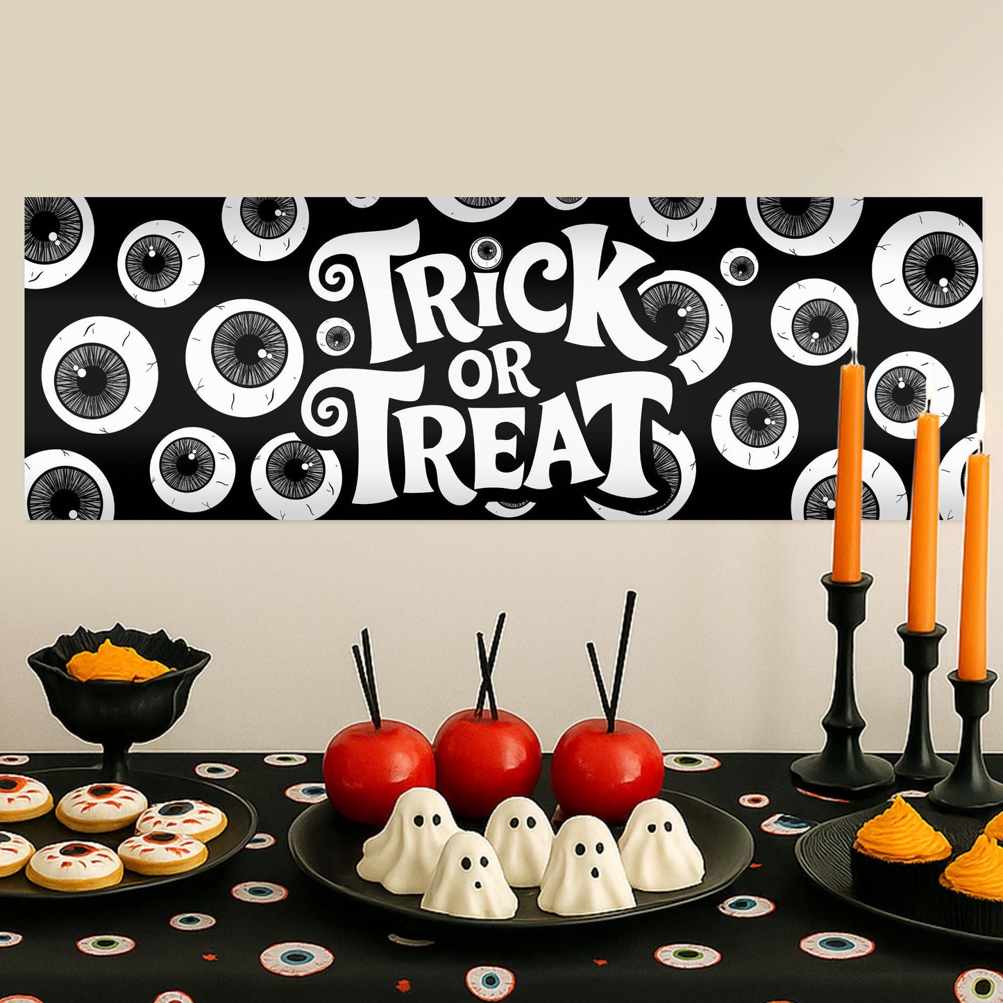 Halloween Trick or Treat Banner  Eyeball Creepy Design  Halloween Party Decoration   Photo Backdrop  Seasonal Decor Trick or Treat Sign