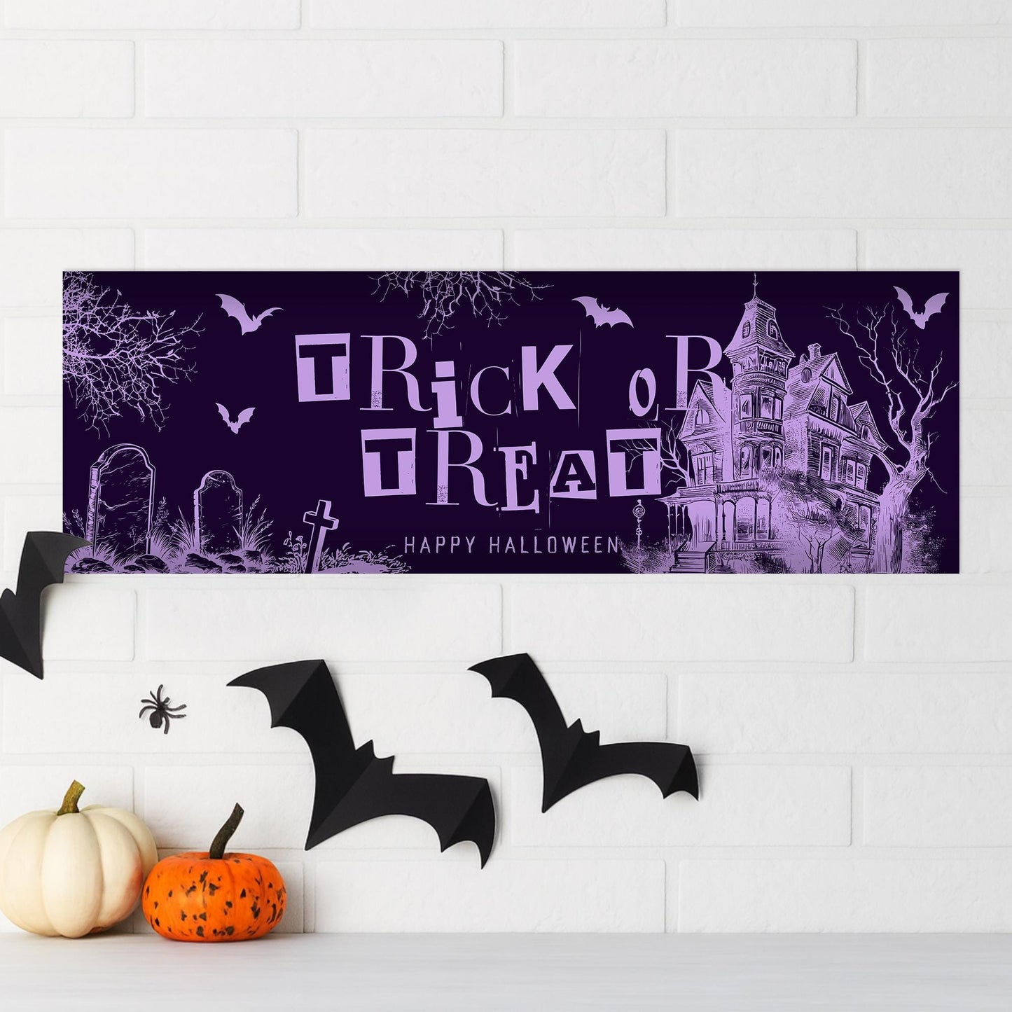 Halloween Trick or Treat Banner  Haunted House Design  Spooky Purple Halloween Party Decoration   Photo Backdrop  Seasonal Decor