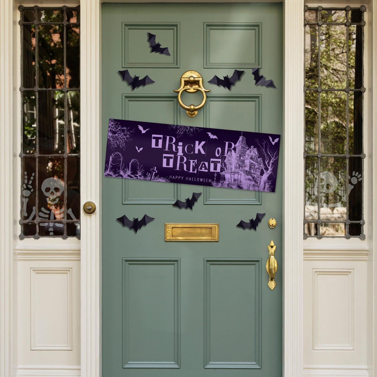 Halloween Trick or Treat Banner  Haunted House Design  Spooky Purple Halloween Party Decoration   Photo Backdrop  Seasonal Decor